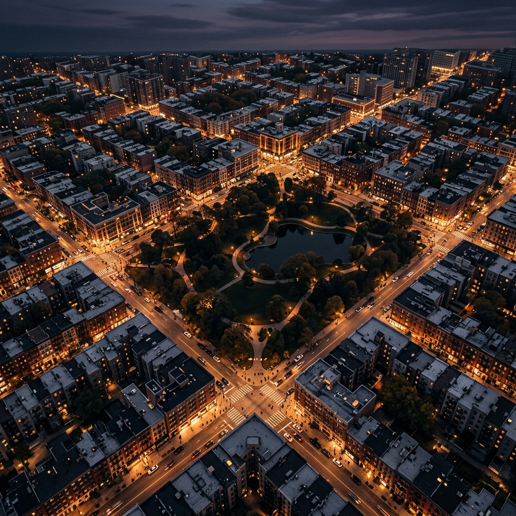 Aerial city view at dusk